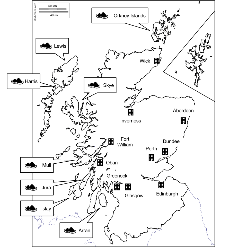 スコットランドの主要都市と、蒸溜所がある島々の一覧。